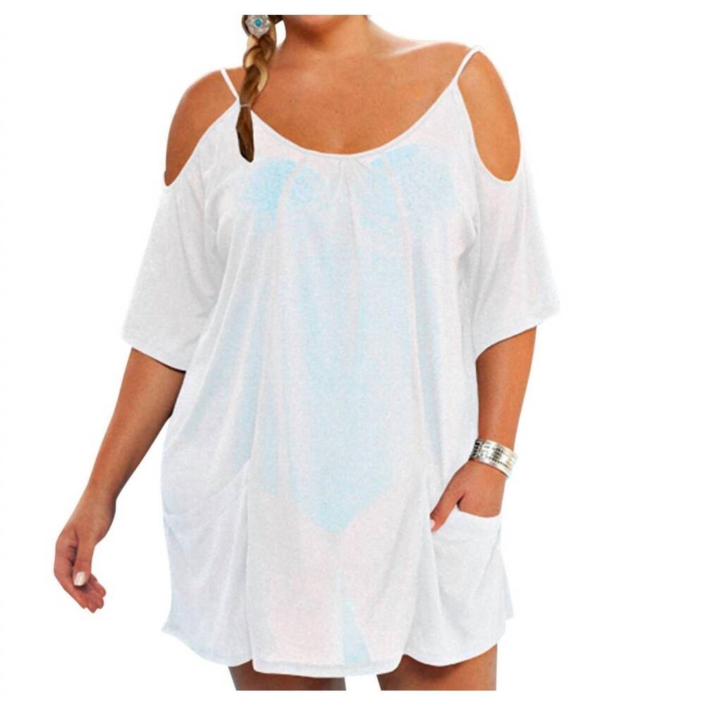 NEW ALWAYS FOR ME plus size open shoulder cover up tunic in white
